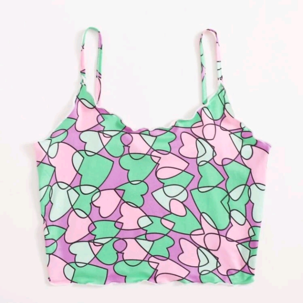 Shein Lettuce Trim Heart Print Cami Top